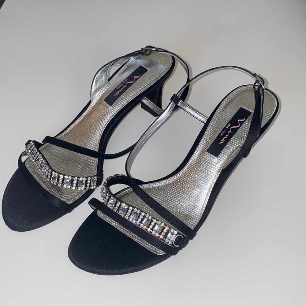 Nina New York Women’s 9.5 Black Strap Heels with Gemstone Strap